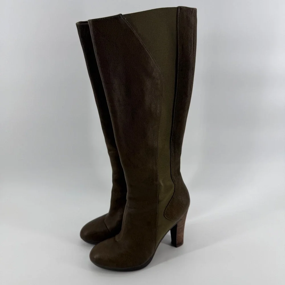 TSUBO Knee High Boots Womens 7 Tarian Olive‎ Green Leather Side Zip Block Heel